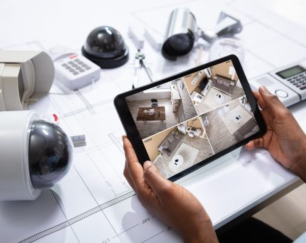 Person Watching Footage On Tablet With Security Equipment An Elevated View Of Person Watching Footage On Digital Tablet With Security Equipment On Blueprint